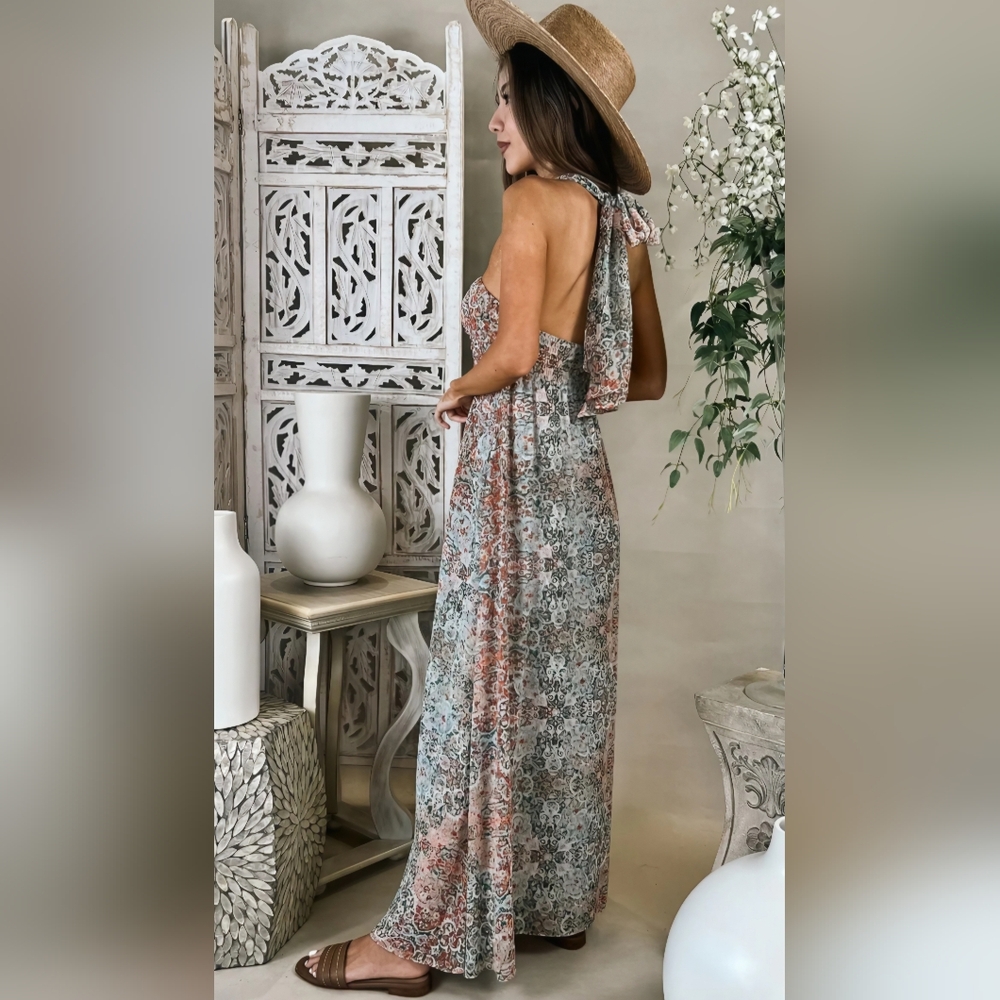 Misa Los Angeles Emine Tie-Front Maxi Dress- In Green & Orange - Picture 3 of 15